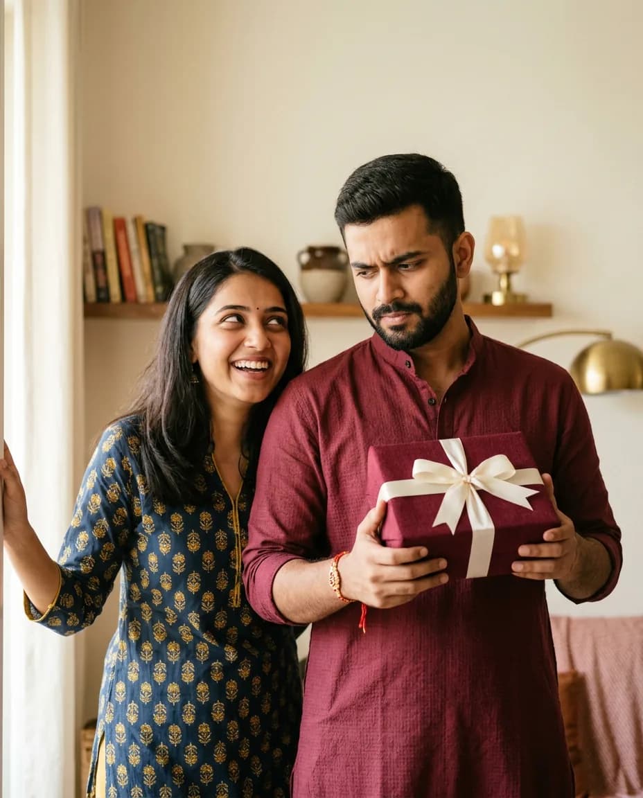 A sister laughing as her brother holds her Rakhi gift